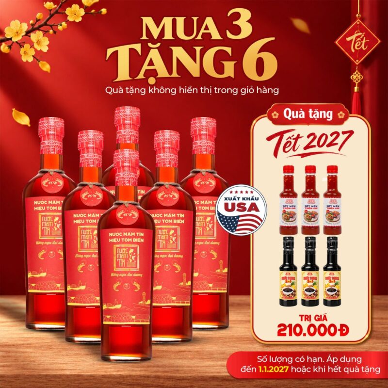 Combo 6 Chai Nước Mắm Tĩn Tôm Biển Hồng Ngọc Đại Dương 45N 500ml - Tặng 3 Sốt Trộn Gỏi và 3 Nước Tương 3 Trong 1