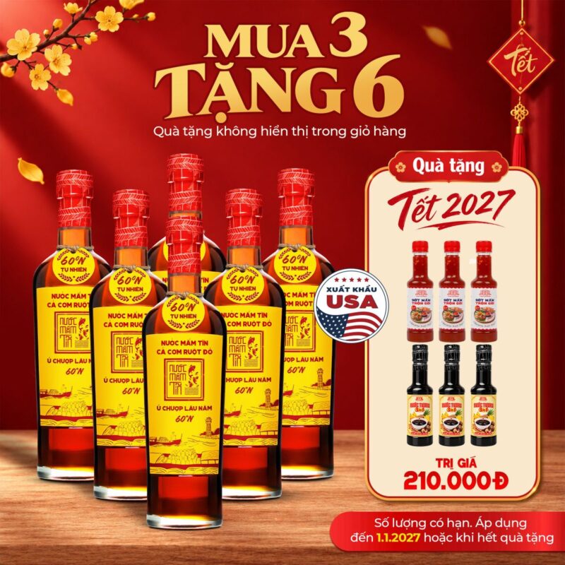 Thùng 6 Chai Nước Mắm Tĩn Cá Cơm Ruột Đỏ 60N 500ml Chai Thủy Tinh - Tặng 3 Sốt Trộn Gỏi và 3 Nước Tương 3 Trong 1