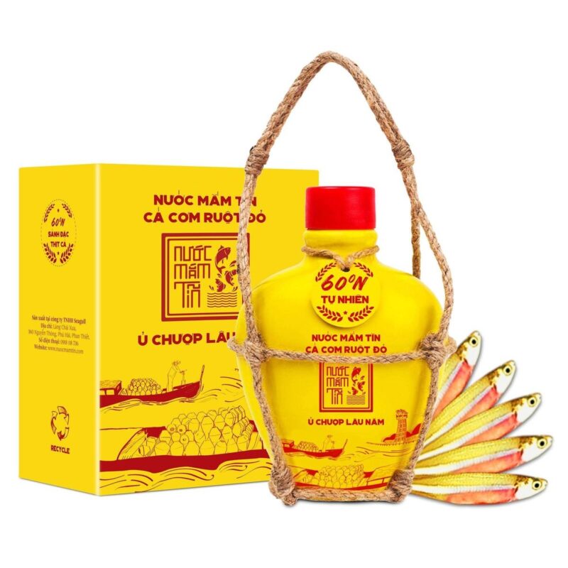Bình gốm 250ml nước mắm Tĩn cá cơm ruột đỏ có quai dây thừng và hộp giấy