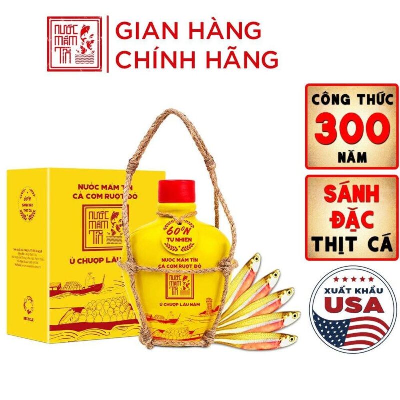 Bình gốm nước mắm Tĩn cá cơm ruột đỏ 60N 250ml kèm hộp giấy vàng