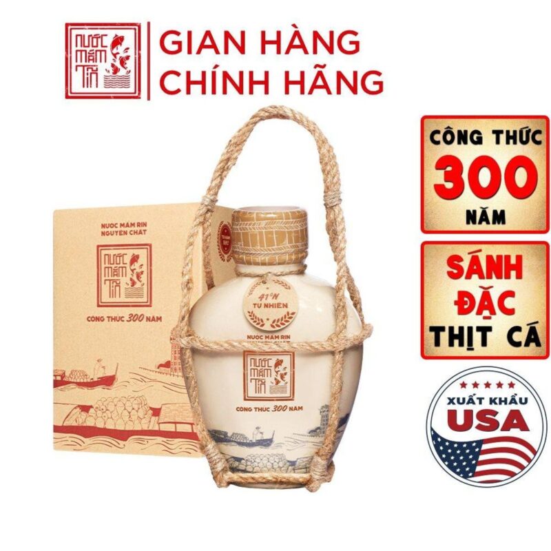 Bình gốm nước mắm Tĩn nhãn xưa 41N 500ml kèm hộp giấy