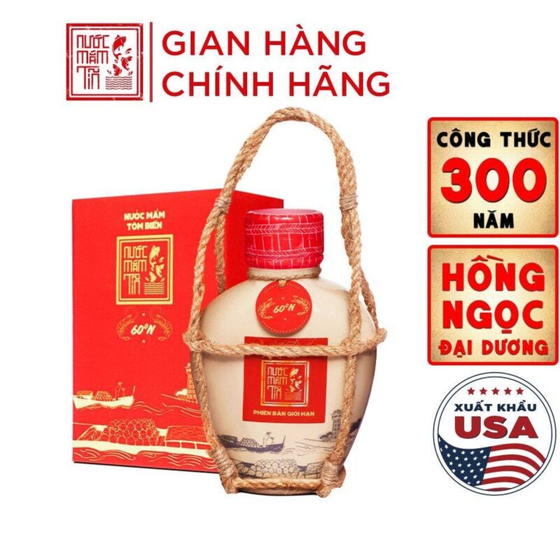 Bình gốm nước mắm Tĩn tôm biển Hồng Ngọc Đại Dương 60N 500ml kèm hộp quà