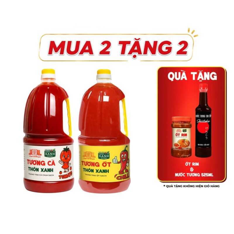 [Tặng ớt rim và nước tương 525ml] Combo 2 gồm Tương ớt Tương cà Làng Chài Xưa 2.2Kg Trang trại sạch