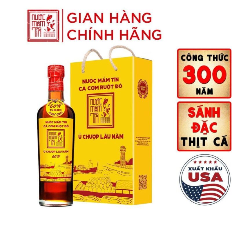 Chai nước mắm Tĩn cá cơm ruột đỏ 60N 500ml kèm túi giấy vàng
