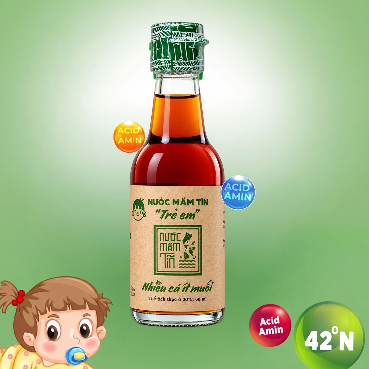 Nước mắm tĩn trẻ em cho bé ăn dặm độ đạm 42N - 60ml 5 Chai nước mắm Tĩn trẻ em 42N 60ml, nhiều cá ít muối