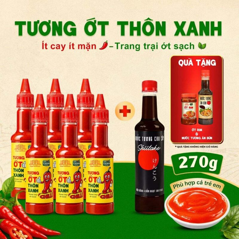Combo nước tương Shiitake 525ml và 6 tương ớt Thôn Xanh 270g tặng ớt rim và nước tương ăn bún