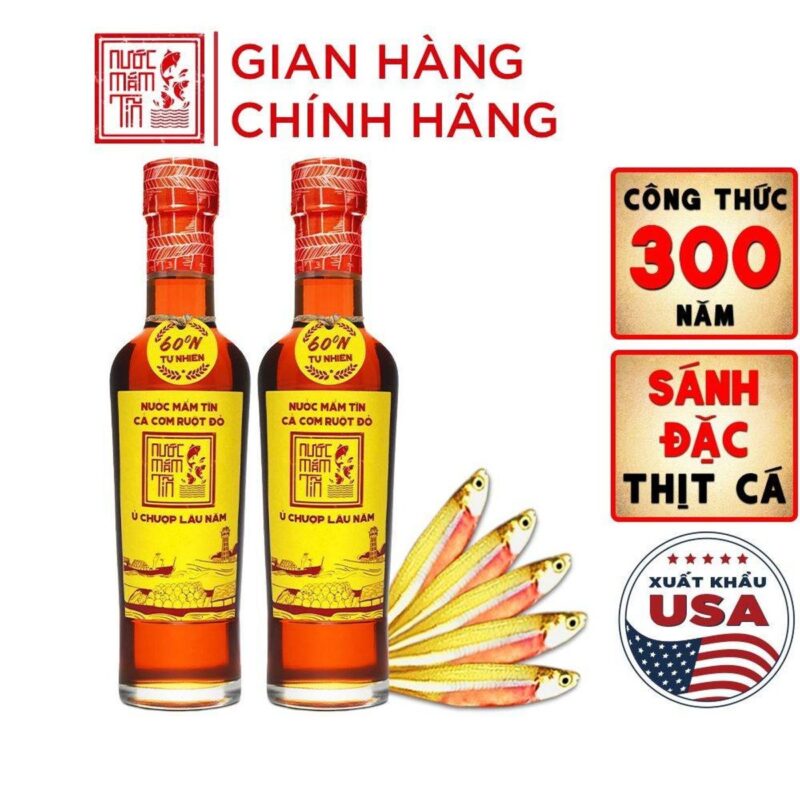 Hộp 2 chai nước mắm Tĩn cá cơm ruột đỏ 60N 250ml chai thủy tinh