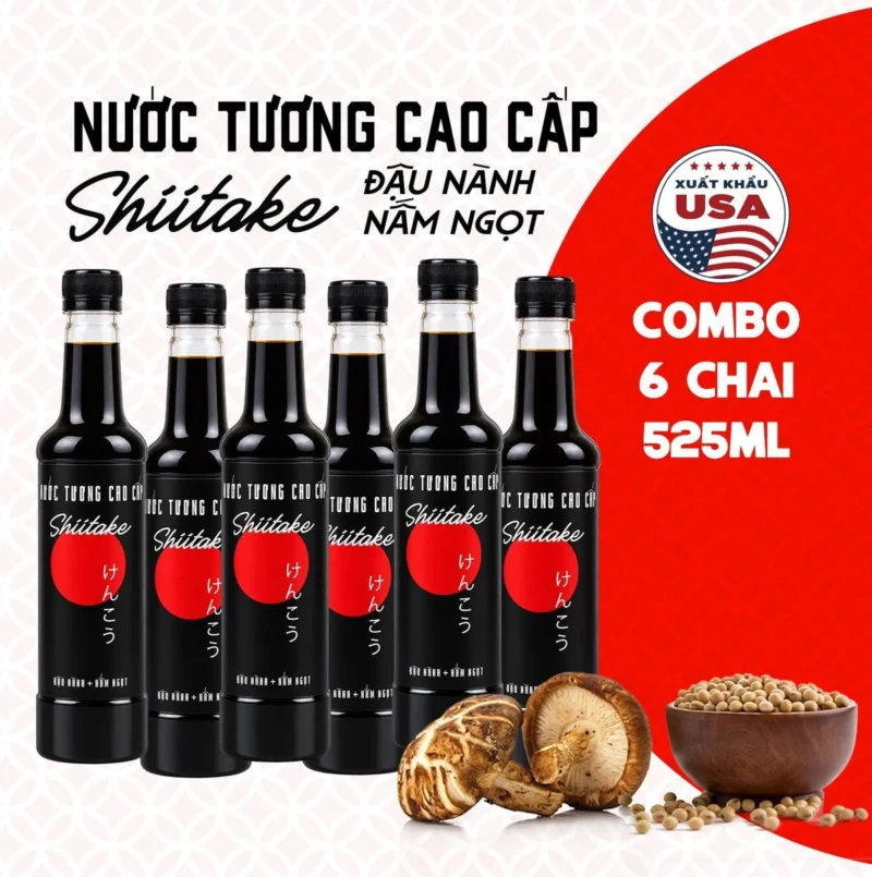 [Tặng nước tương ăn bún] Thùng 6 chai Nước tương cao cấp Shiitake chai nhựa 525ml lên men tự nhiên từ đậu nành và nấm ngọt - ảnh 1