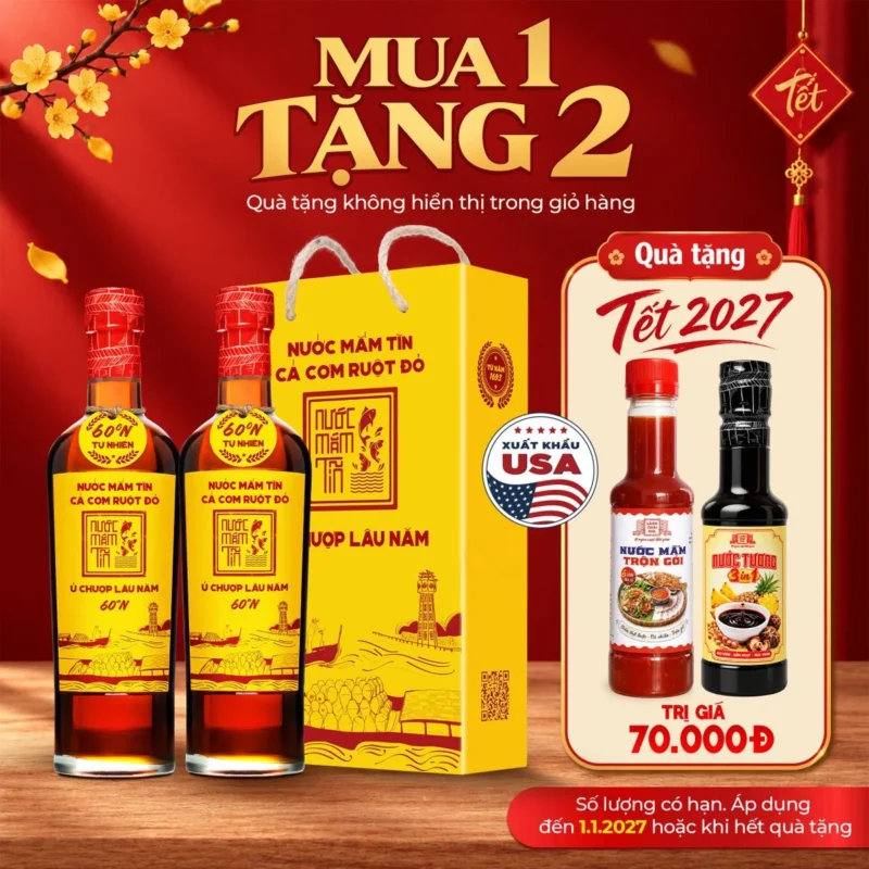 [Tặng Sốt trộn gỏi và Nước tương 3in1] HỘP 2 CHAI Nước Mắm Tĩn CÁ CƠM RUỘT ĐỎ 60N 500ml Chai Thuỷ Tinh Nước Mắm Truyền Thống Cao Cấp - ảnh 1