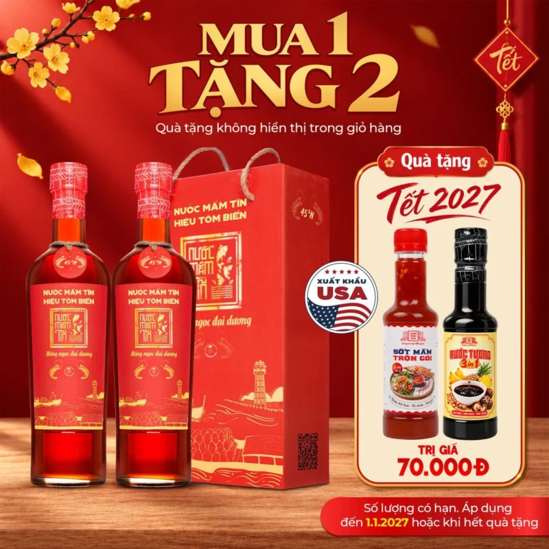 [Tặng Sốt trộn gỏi và Nước tương 3in1] HỘP 02 Chai Nước Mắm Hiệu Tôm Biển độ đạm 45N tự nhiên Nước Mắm Tĩn 500ml/chai Hồng Ngọc Đại Dương - ảnh 1