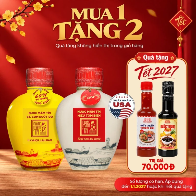 [Tặng Sốt trộn gỏi và Nước tương 3in1] Combo 2 BÌNH GỐM gồm Hiệu Tôm biển 60N 500ml và Cá cơm vàng 60N 500ml Nước mắm Tĩn - ảnh 1