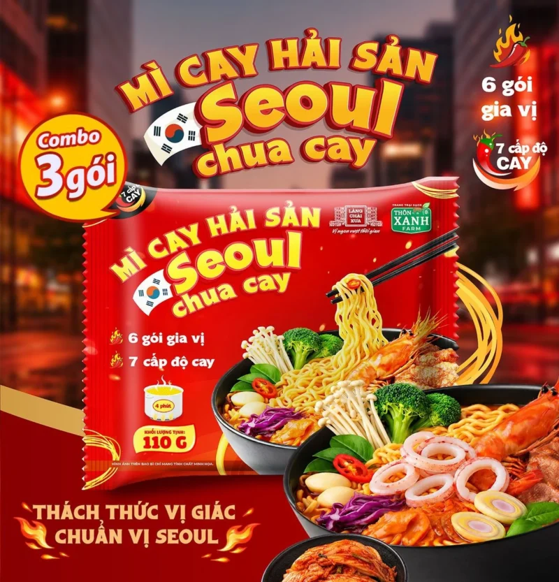 Combo 3 Gói Mì Cay Hải Sản Seoul Chua Cay 7 Cấp Độ 6 Gói Gia Vị Làng Chài Xưa - Thôn Xanh Farm - ảnh 1