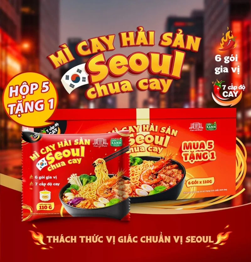 HỘP 5 GÓI TẶNG 1 - Mì Cay Hải Sản Seoul Chua Cay 7 Cấp Độ 6 Gói Gia Vị Làng Chài Xưa - Thôn Xanh Farm - ảnh 1