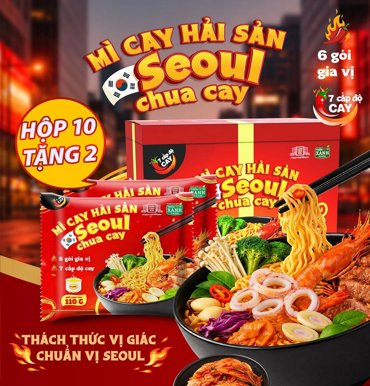 HỘP 10 GÓI TẶNG 2 – Mì Cay Hải Sản Seoul Chua Cay 7 Cấp Độ 6 Gói Gia Vị LCX 22 HỘP 10 GÓI TẶNG 2 – Mì Cay Hải Sản Seoul Chua Cay 7 Cấp Độ 6 Gói Gia Vị LCX
