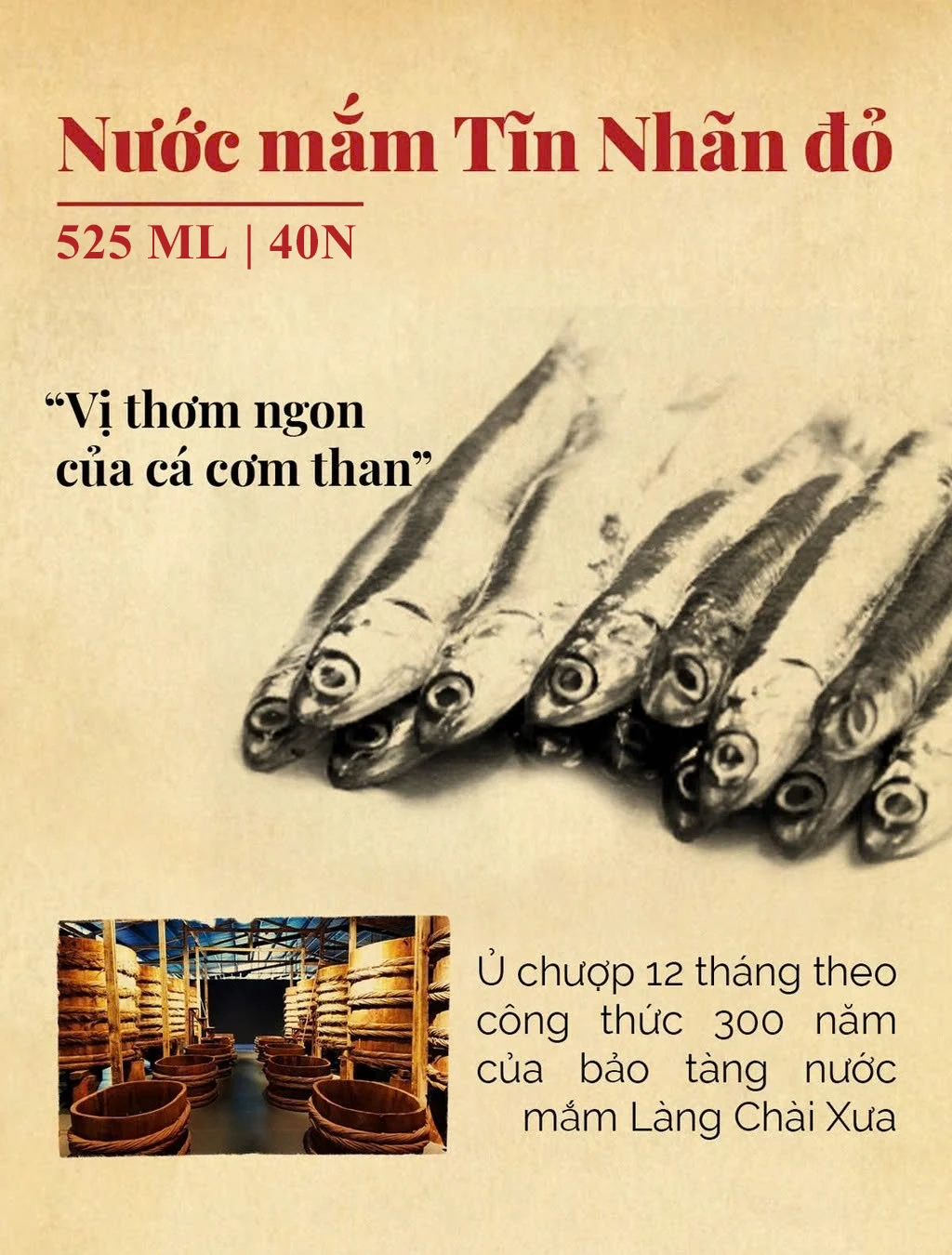 Nước Mắm Tĩn Nhãn Đỏ Độ Đạm 40N Chai Thủy Tinh 525ml - Làng Chài Xưa 20 Nước Mắm Tĩn Nhãn Đỏ Độ Đạm 40N Chai Thủy Tinh 525ml - Làng Chài Xưa