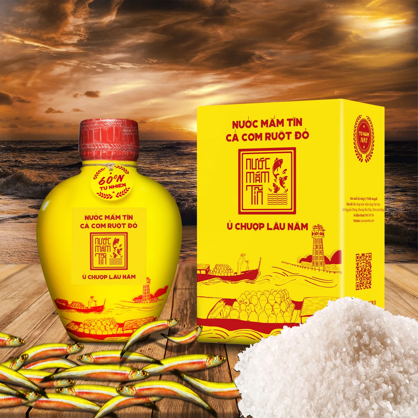Combo 2 Bình Gốm Nước Mắm Tĩn Cá Cơm Ruột Đỏ 60N 500ml - Tặng Sốt Trộn Gỏi và Nước Tương 3 Trong 1