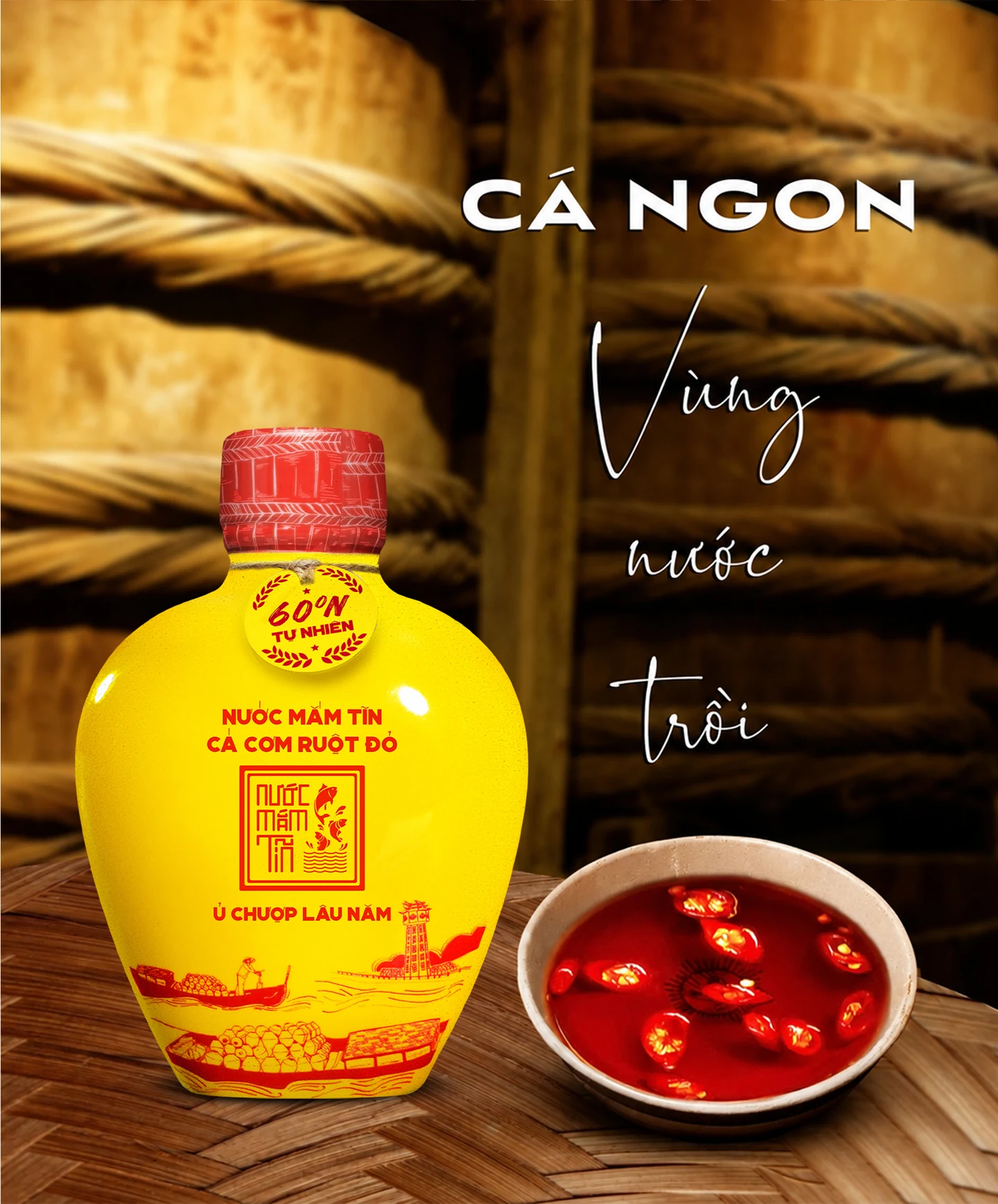 Combo 2 Bình Gốm Nước Mắm Tĩn Cá Cơm Ruột Đỏ 60N 250ml - Tặng Sốt Trộn Gỏi và Nước Tương 3 Trong 1