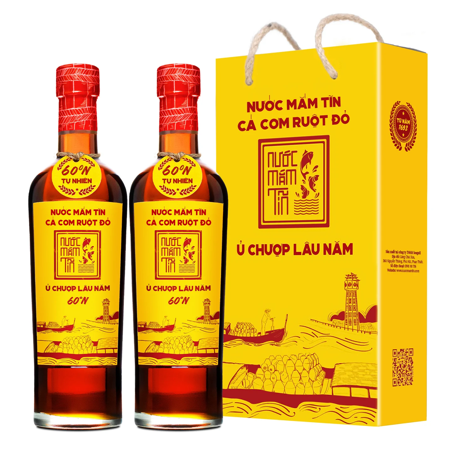 Hộp 2 Chai Nước Mắm Tĩn Cá Cơm Ruột Đỏ 60N 500ml Chai Thủy Tinh - Tặng Sốt Trộn Gỏi và Nước Tương 3 Trong 1