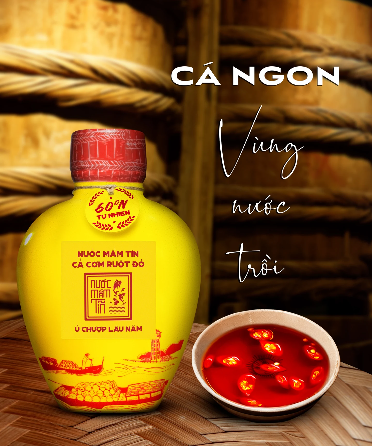 Combo 2 Bình Gốm Nước Mắm Tĩn Cá Cơm Ruột Đỏ 60N 500ml - Tặng Sốt Trộn Gỏi và Nước Tương 3 Trong 1