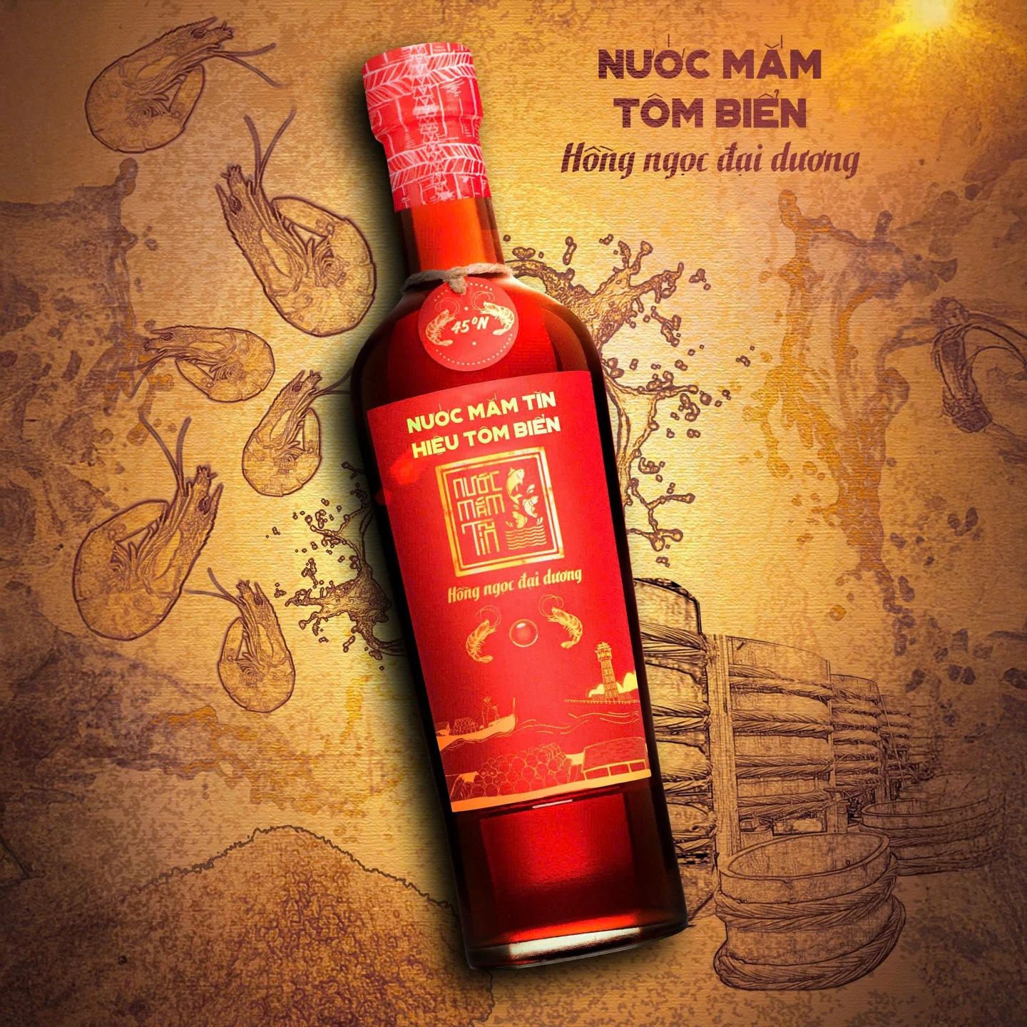 Nước mắm tôm biển hồng ngọc đại dương độ đạm 45N 500ml - Làng chài xưa