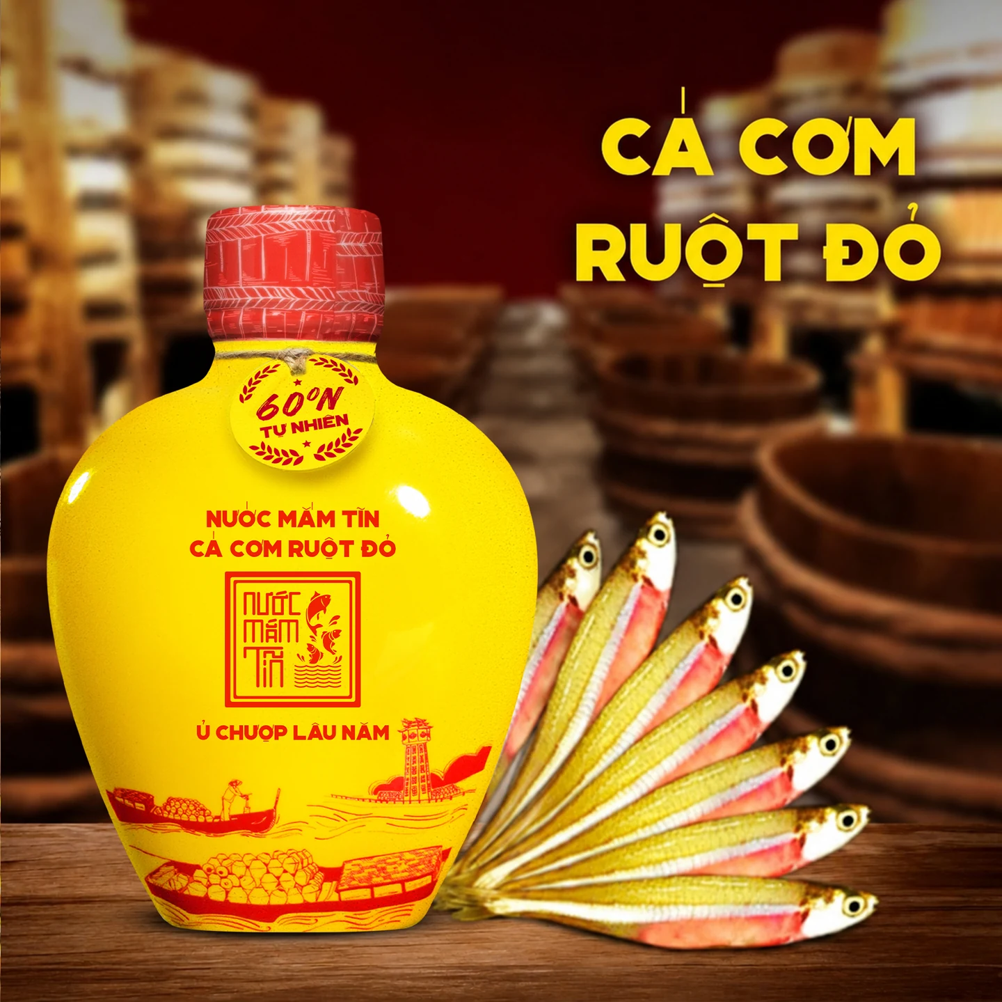 Combo 2 Bình Gốm Nước Mắm Tĩn Cá Cơm Ruột Đỏ 60N 250ml - Tặng Sốt Trộn Gỏi và Nước Tương 3 Trong 1