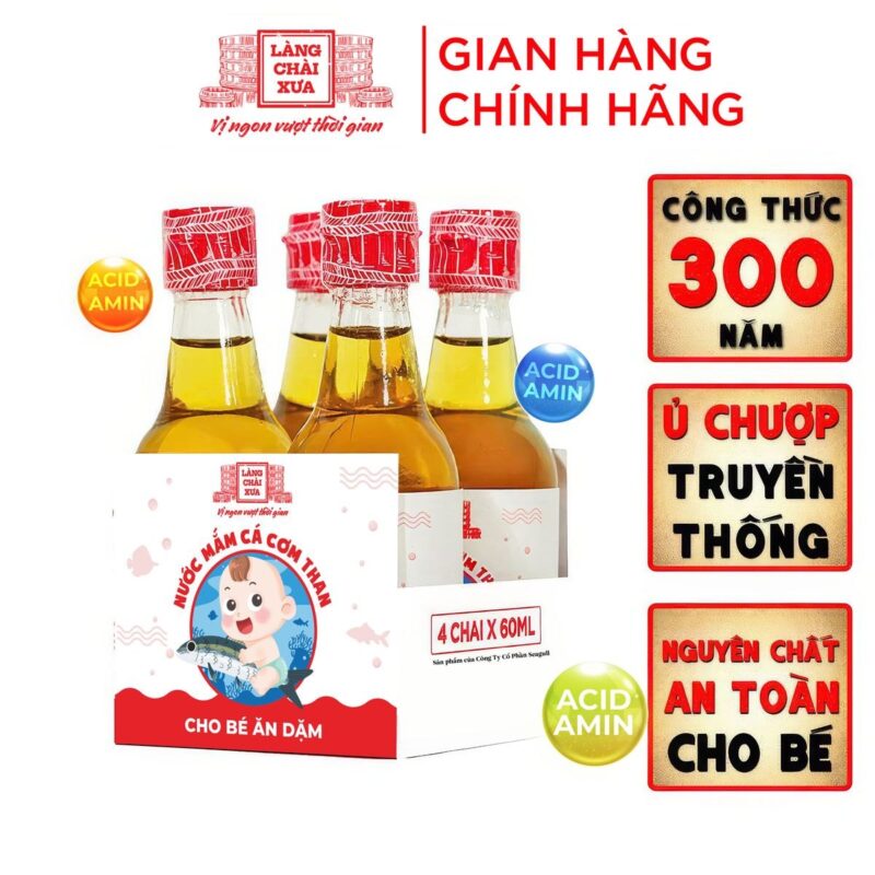 Lốc 4 chai nước mắm cá cơm than cho bé ăn dặm Làng Chài Xưa 60ml