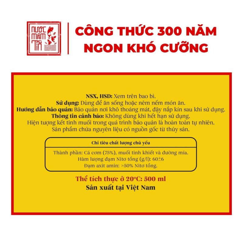 Nhãn bình gốm nước mắm Tĩn cá cơm ruột đỏ 60N 500ml: cá cơm 75%, muối tinh khiết và đường mía