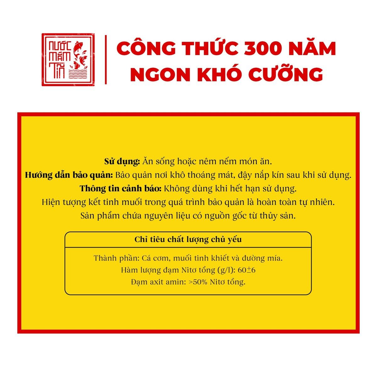 Hộp 2 Chai Nước Mắm Tĩn Cá Cơm Ruột Đỏ 60N 500ml Chai Thủy Tinh - Tặng Sốt Muối Chấm 20 Nhãn chai nước mắm Tĩn cá cơm ruột đỏ 60N 500ml: cá cơm, muối tinh khiết và đường mía