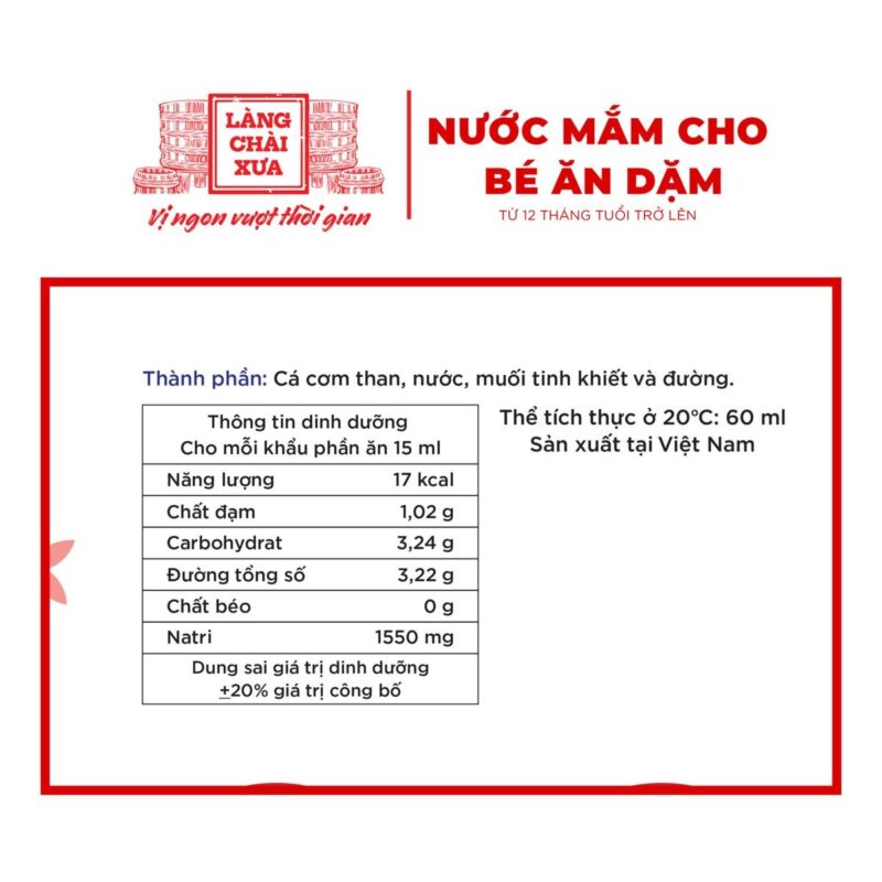 Nhãn nước mắm cá cơm than cho bé ăn dặm 60ml: cá cơm than, nước, muối tinh khiết và đường
