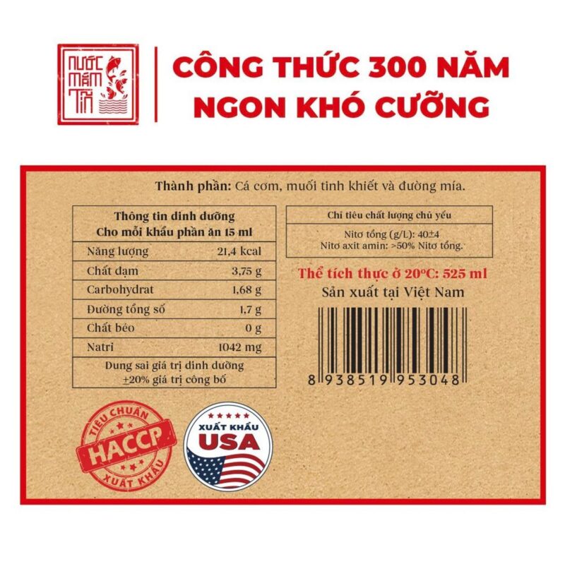 Nước Mắm Tĩn Nhãn Đỏ Độ Đạm 40N Chai Thủy Tinh 525ml - Làng Chài Xưa 10 Nhãn nước mắm Tĩn nhãn đỏ 40N 525ml: cá cơm, muối tinh khiết và đường mía, nitơ tổng 40g/l