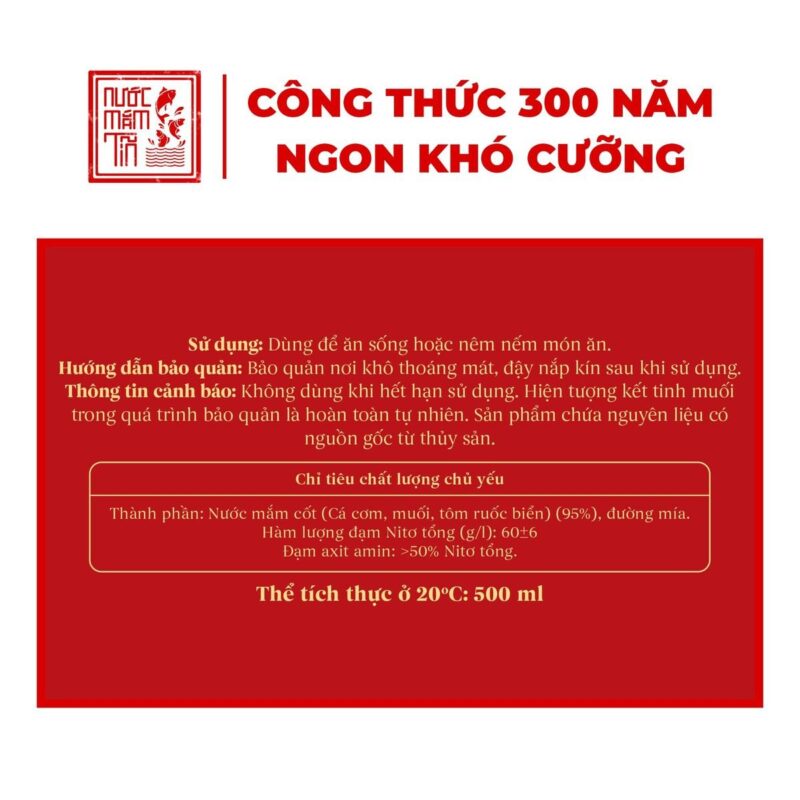 Nhãn nước mắm Tĩn hiệu tôm biển 60N 500ml: nước mắm cốt (cá cơm, muối, tôm ruốc biển) 95%, đường mía