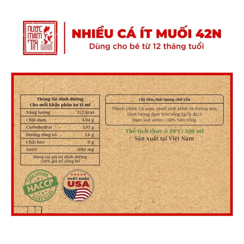 Nhãn nước mắm Tĩn trẻ em 42N 250ml: cá cơm, muối tinh khiết và đường mía