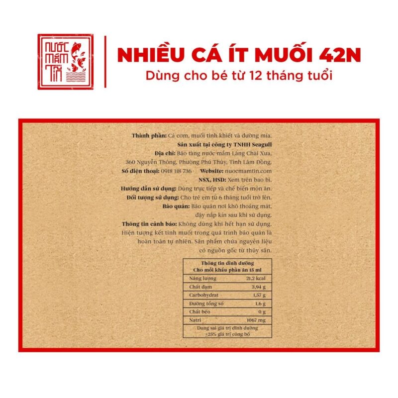 Nhãn nước mắm Tĩn trẻ em 42N: cá cơm, muối tinh khiết và đường mía