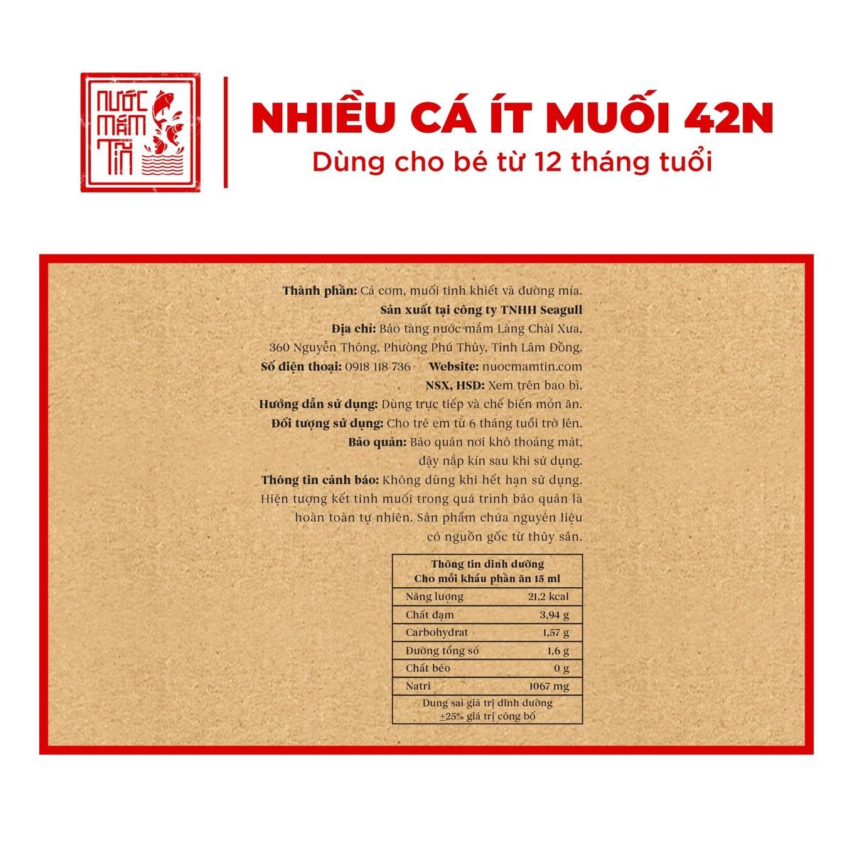 Nước mắm tĩn trẻ em cho bé ăn dặm độ đạm 42N - 60ml 11 Nhãn nước mắm Tĩn trẻ em 42N: cá cơm, muối tinh khiết và đường mía