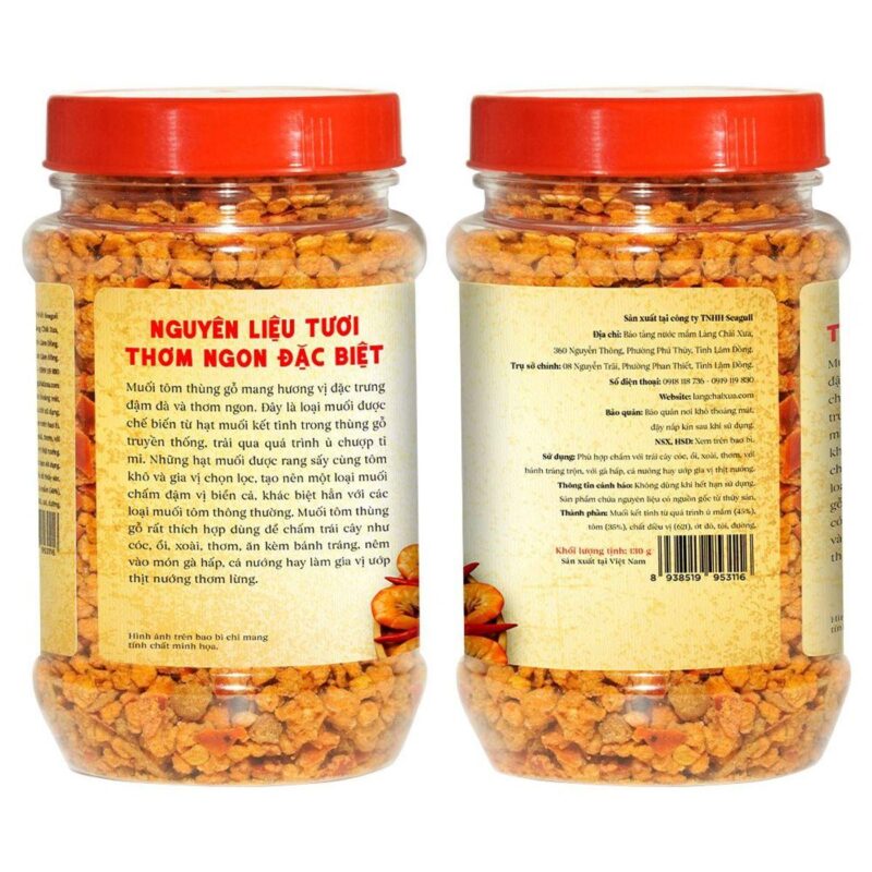 Mặt sau hũ muối tôm thùng gỗ 130g Làng Chài Xưa