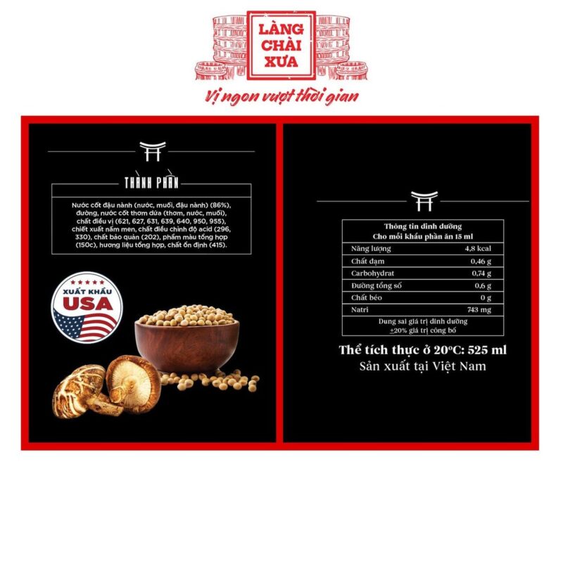 Thùng 6 Chai Nước Tương Shiitake 525ml - Tặng Nước Tương Ăn Bún 13 Nhãn thành phần và thông tin dinh dưỡng nước tương Shiitake 525ml