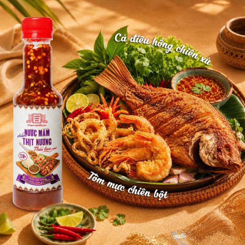 Combo 3 Chai Nước Mắm Chấm Thịt Nướng 8 Vị Làng Chài Xưa 13 Nước mắm chấm thịt nướng ăn cùng cá điêu hồng chiên xù, tôm mực chiên bột