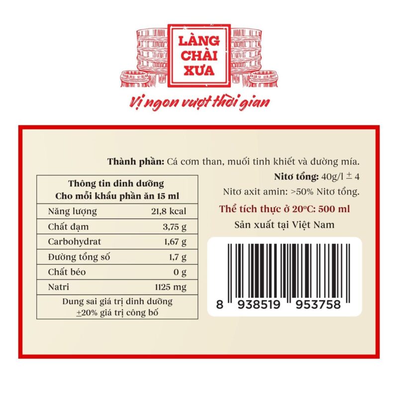 Bảng thành phần dinh dưỡng nước mắm Kiết Thành 40N 500ml: cá cơm than, muối tinh khiết và đường mía