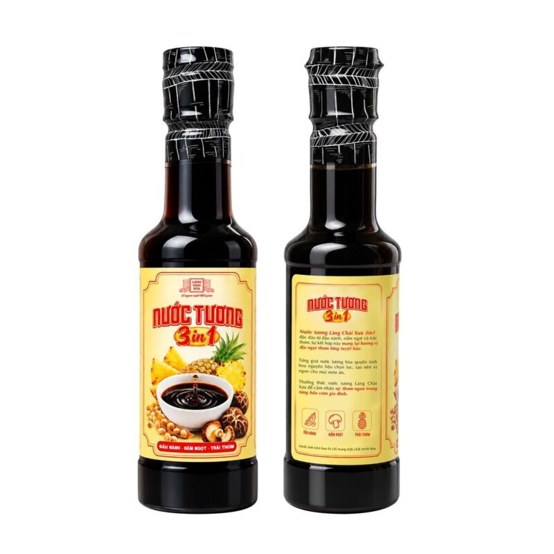 Mặt trước và mặt sau chai nước tương 3 trong 1 Làng Chài Xưa 250ml