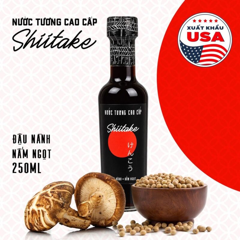 Nước tương cao cấp Shiitake chai thủy tinh 250ml, đậu nành và nấm ngọt