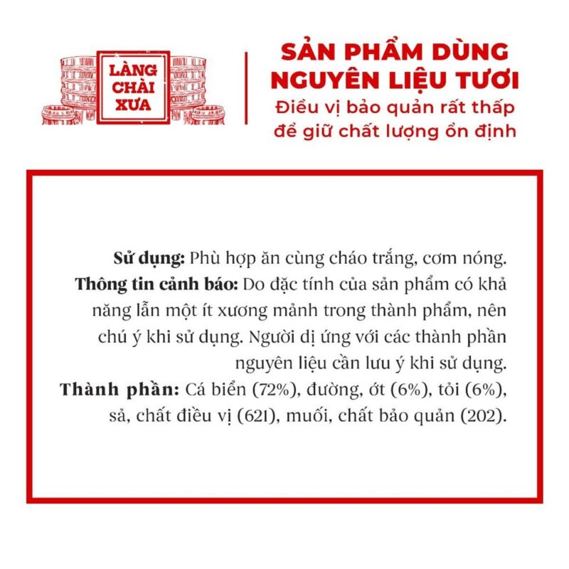 Thông tin trên nhãn cá giã tỏi ớt Làng Chài Xưa: thành phần, cảnh báo
