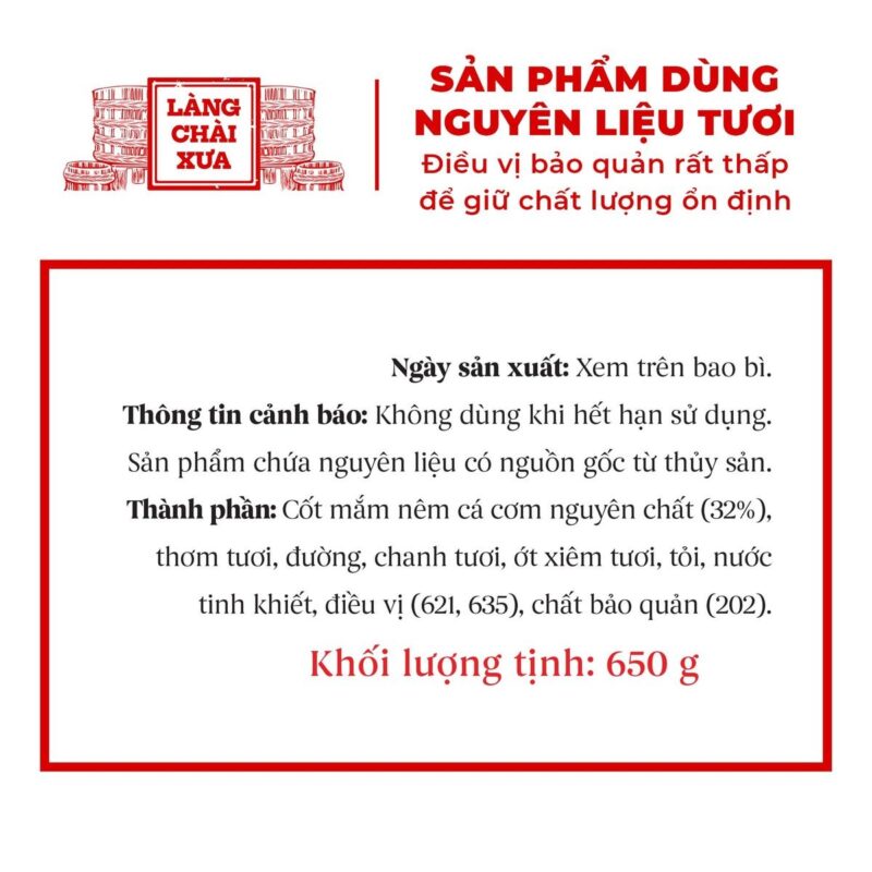 Thông tin trên nhãn mắm nêm pha sẵn ăn liền Làng Chài Xưa: thành phần, cảnh báo
