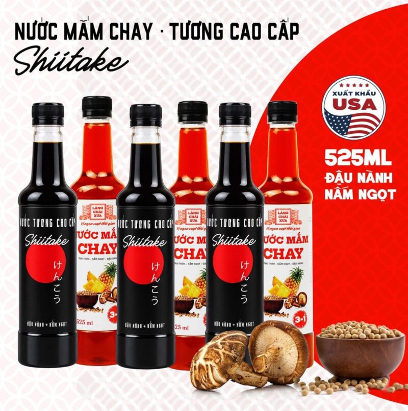 Thùng 6 Chai 3 Nước Tương và 3 Nước Mắm Chay Shiitake 525ml